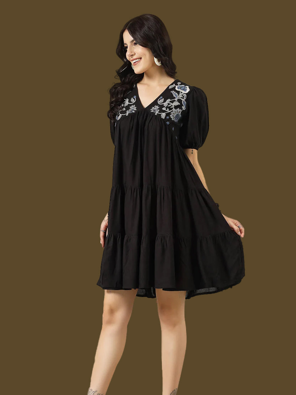 Black Solid & Embroidered Rayon Flared Dress