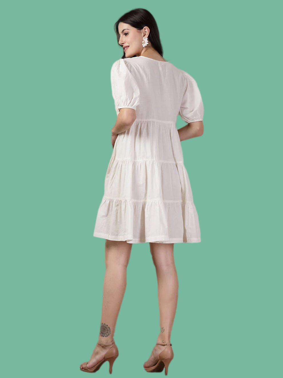 Cream Solid & Embroidered Cotton Flared Dress