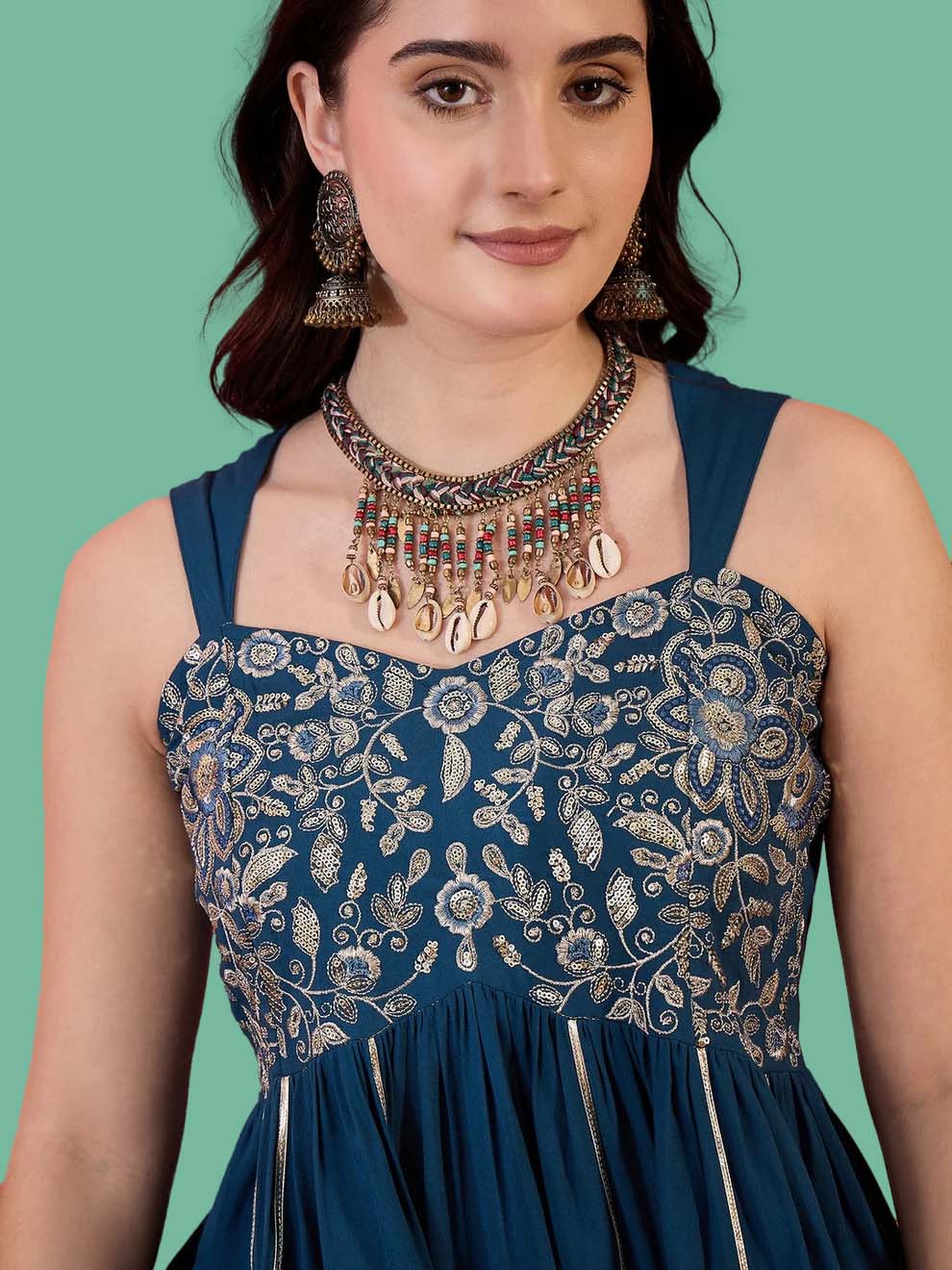 Blue Solid & Embroidered Rayon A-Line Kurti With Dhoti Pant