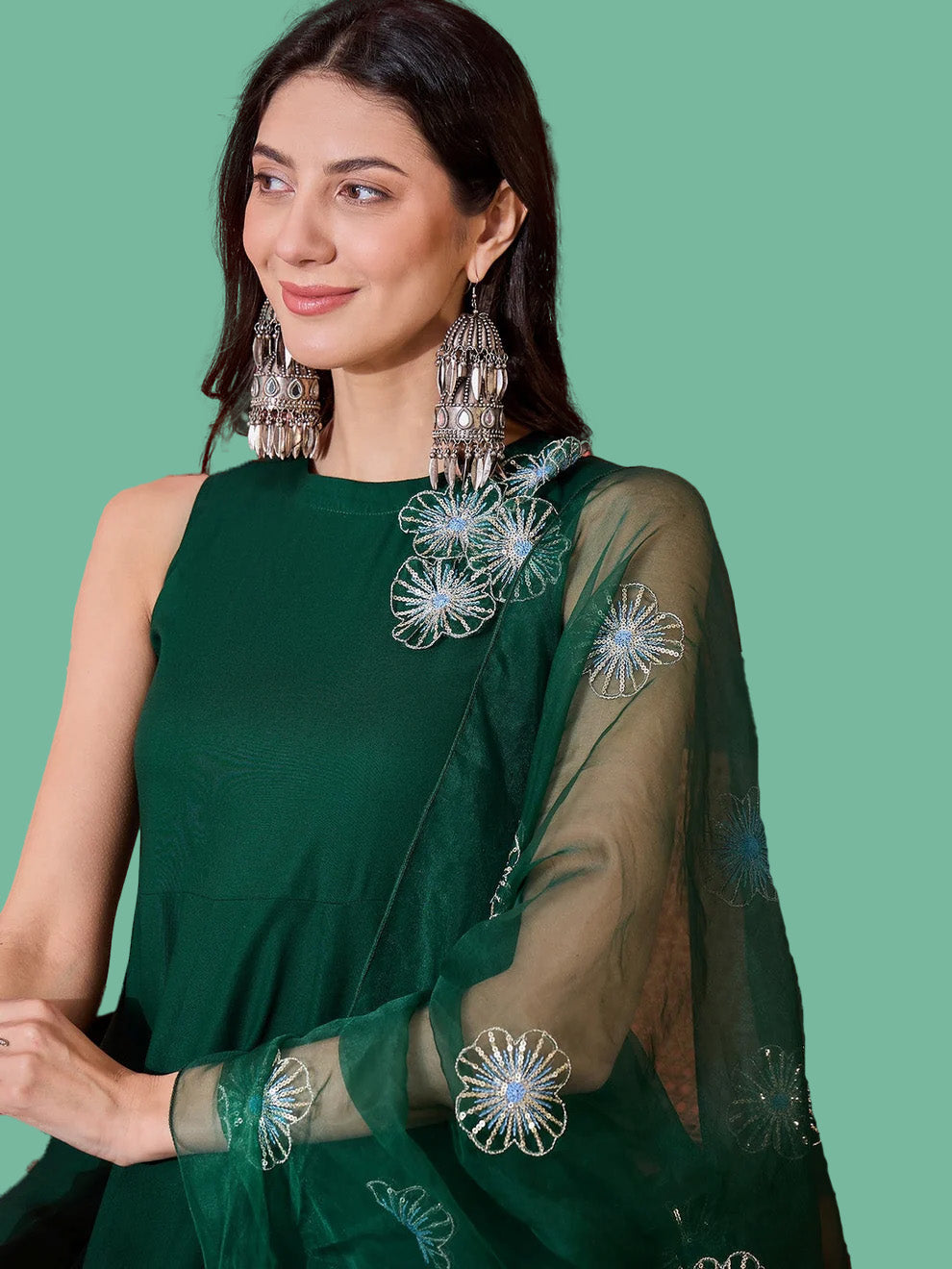 Green Solid & Embellished Rayon Flared Kurta Palazzo Dupatta Set