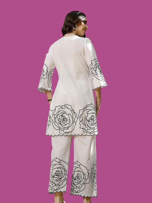 White Floral & Embroidered Cotton Co-ord Set