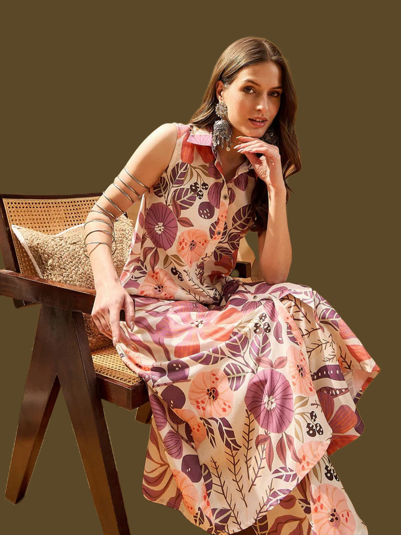 Multicolor Floral Printed Cotton Blend Kurta Palazzo Set