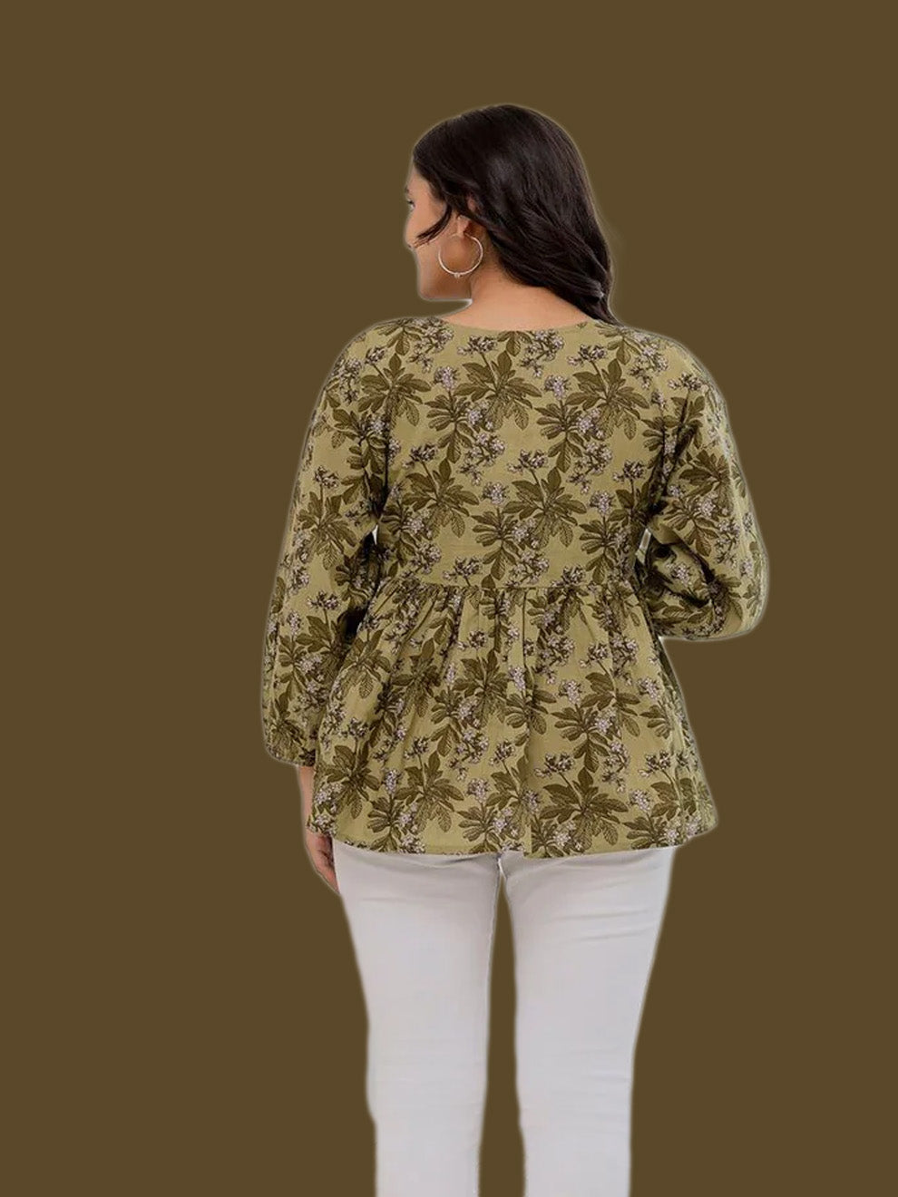 Green Printed V-Neck Peplum Tunic