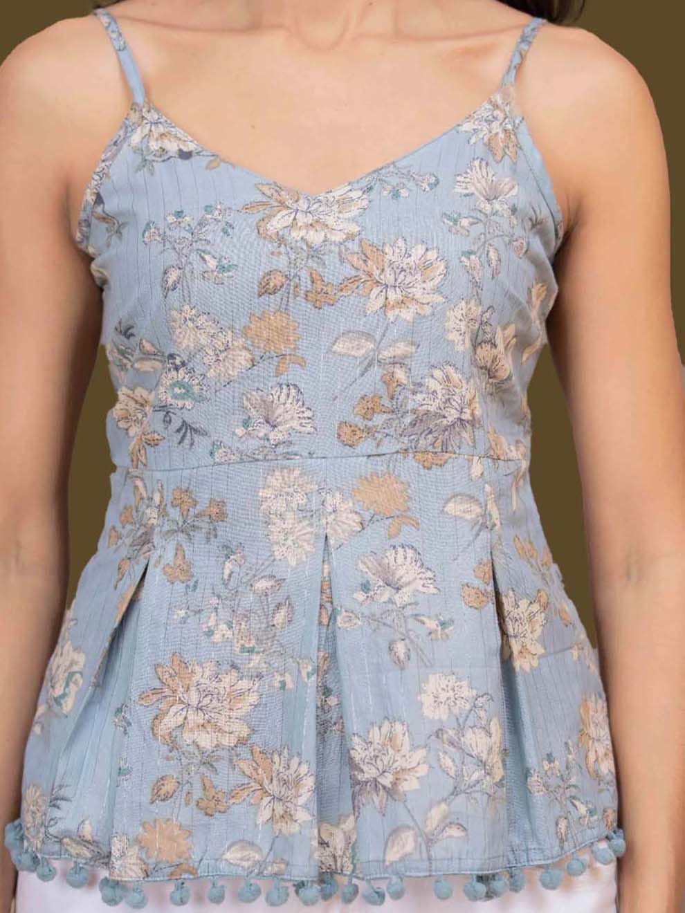 Blue Printed Sleeveless Top