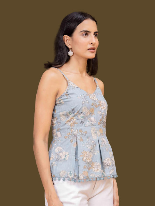 Blue Printed Sleeveless Top