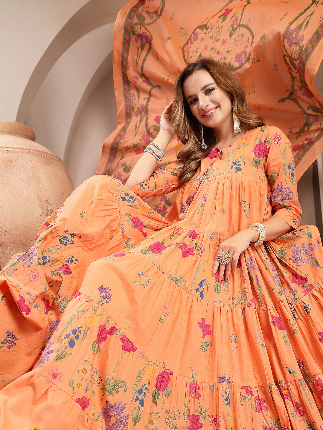 Anarkali Cotton Printed Kurta Set With Dupatta