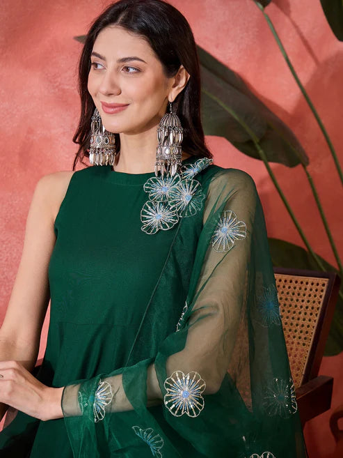 Green Solid & Embellished Rayon Flared Kurta Palazzo Dupatta Set
