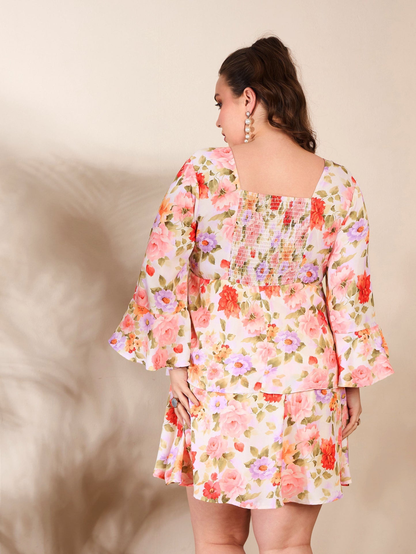 Women Beige Floral Full Sleeves Short Dress