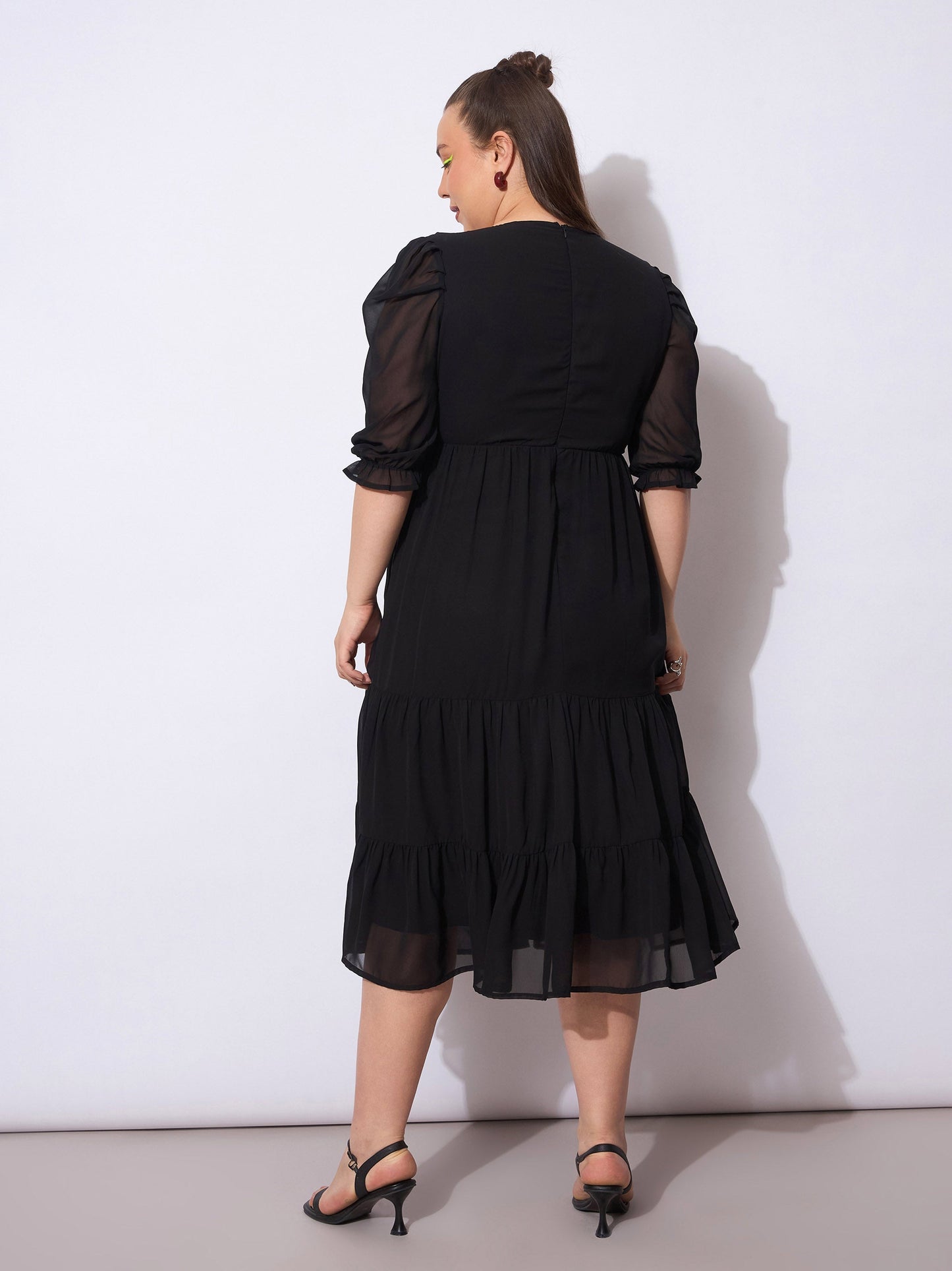 Women Black Embroidered Georgette Tiered Midi Dress