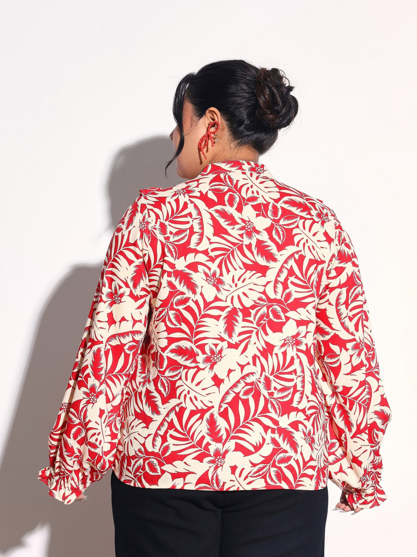 Women Red Floral Front Frill Regular Shirt