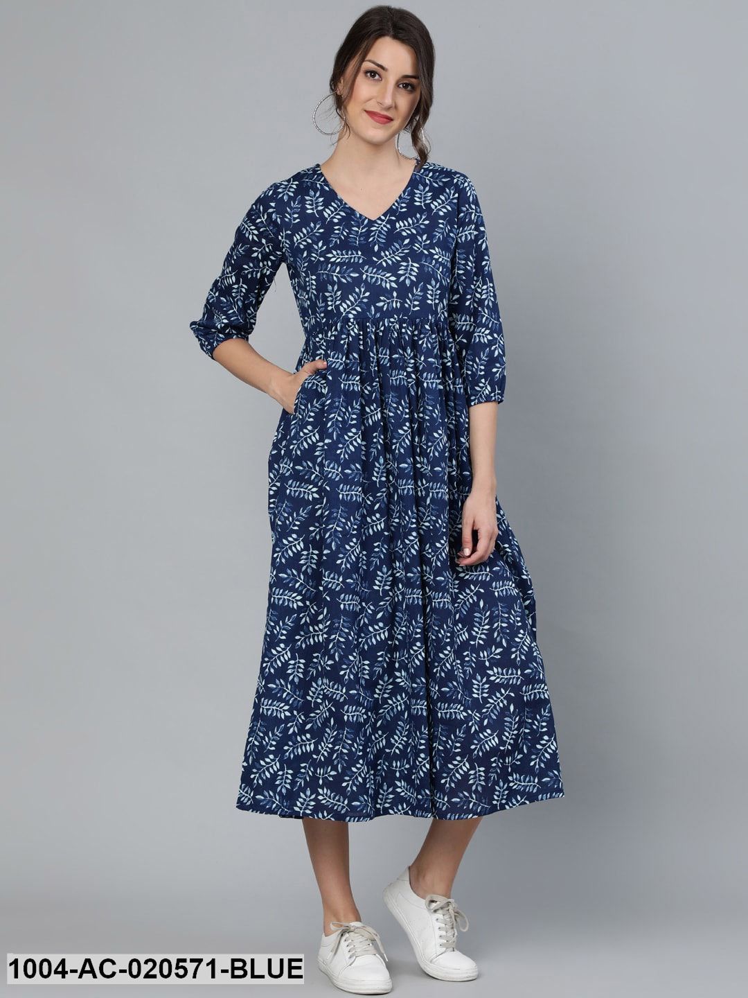 Blue Printed Fit and Flare Cotton Dress