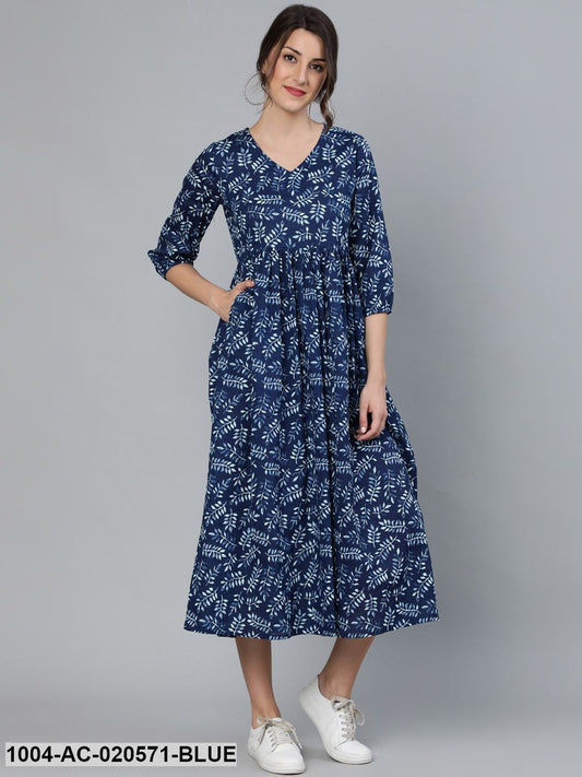 Blue Printed Fit and Flare Cotton Dress