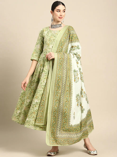 Green Floral Printed Anarkali Kurta With Trouser And Dupatta