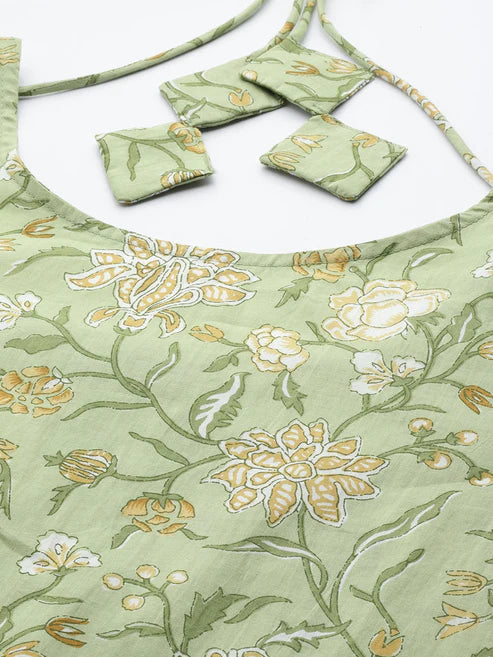 Green Floral Printed Anarkali Kurta With Trouser And Dupatta