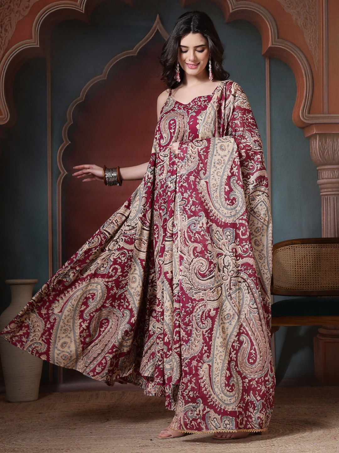 Cotton Printed Calf Length Round Neck Anarkali Kurta, Palazzo With Dupatta Set