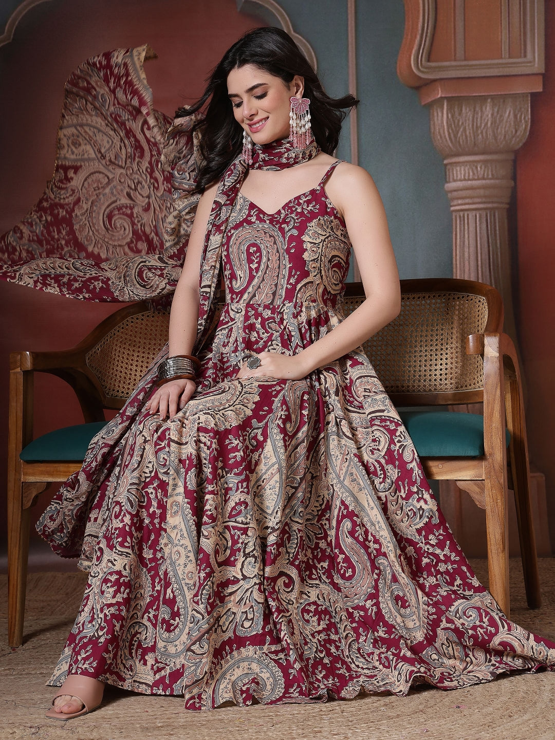 Cotton Printed Calf Length Round Neck Anarkali Kurta, Palazzo With Dupatta Set