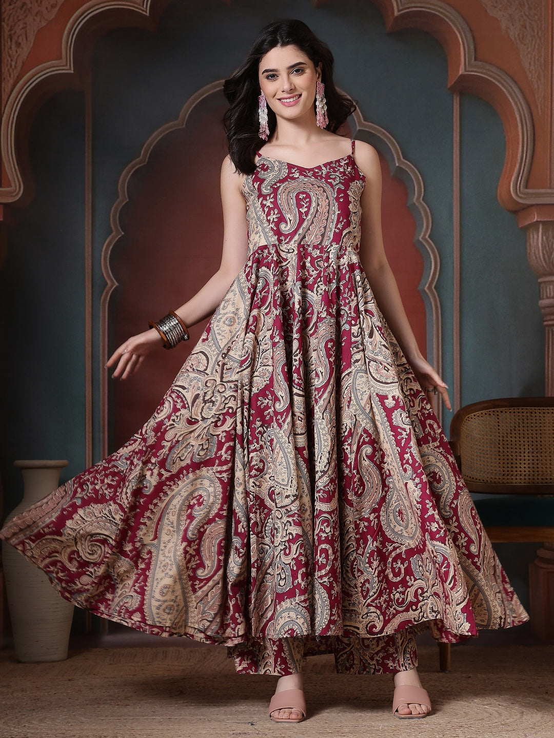 Cotton Printed Calf Length Round Neck Anarkali Kurta, Palazzo With Dupatta Set