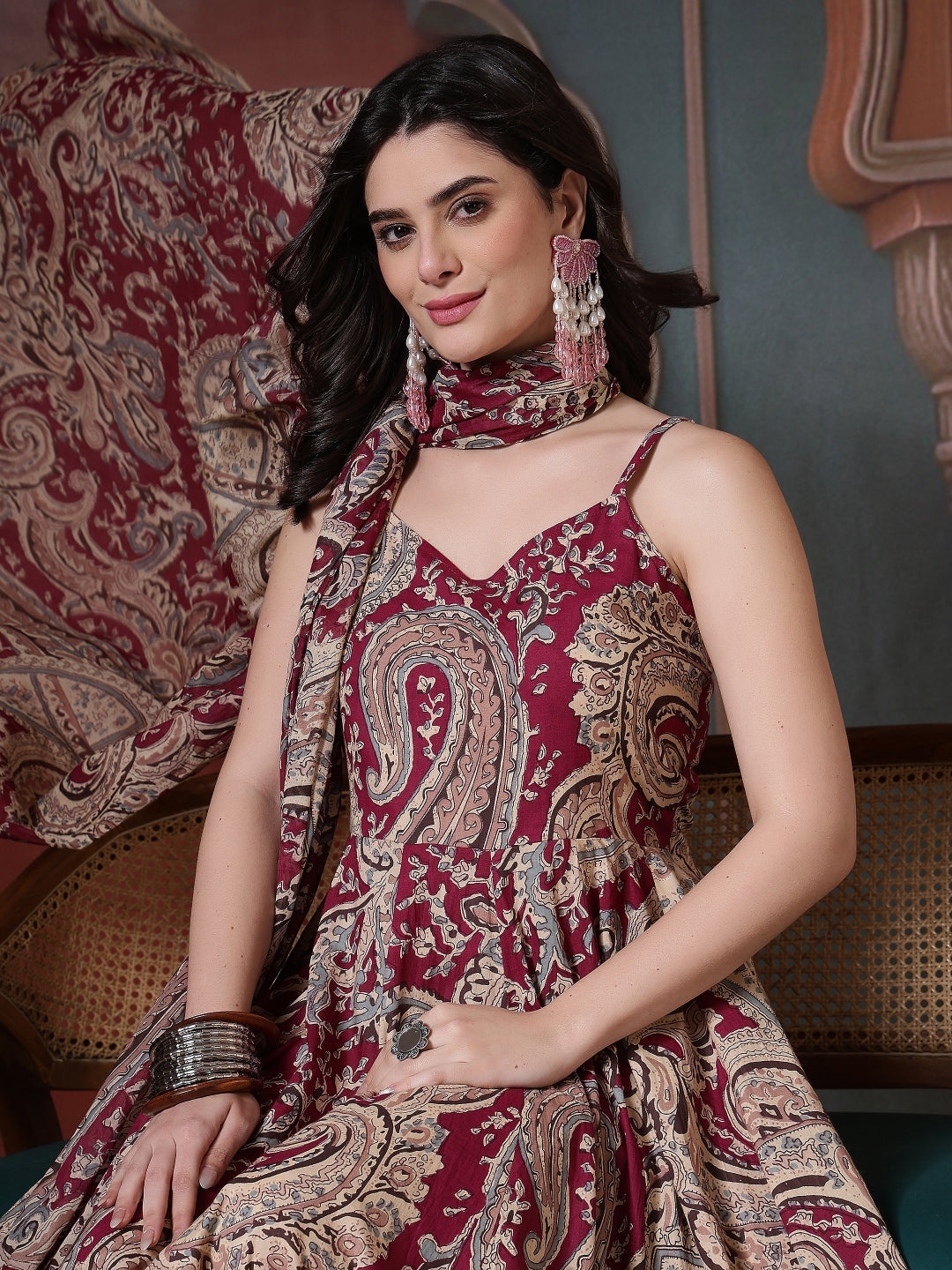 Cotton Printed Calf Length Round Neck Anarkali Kurta, Palazzo With Dupatta Set