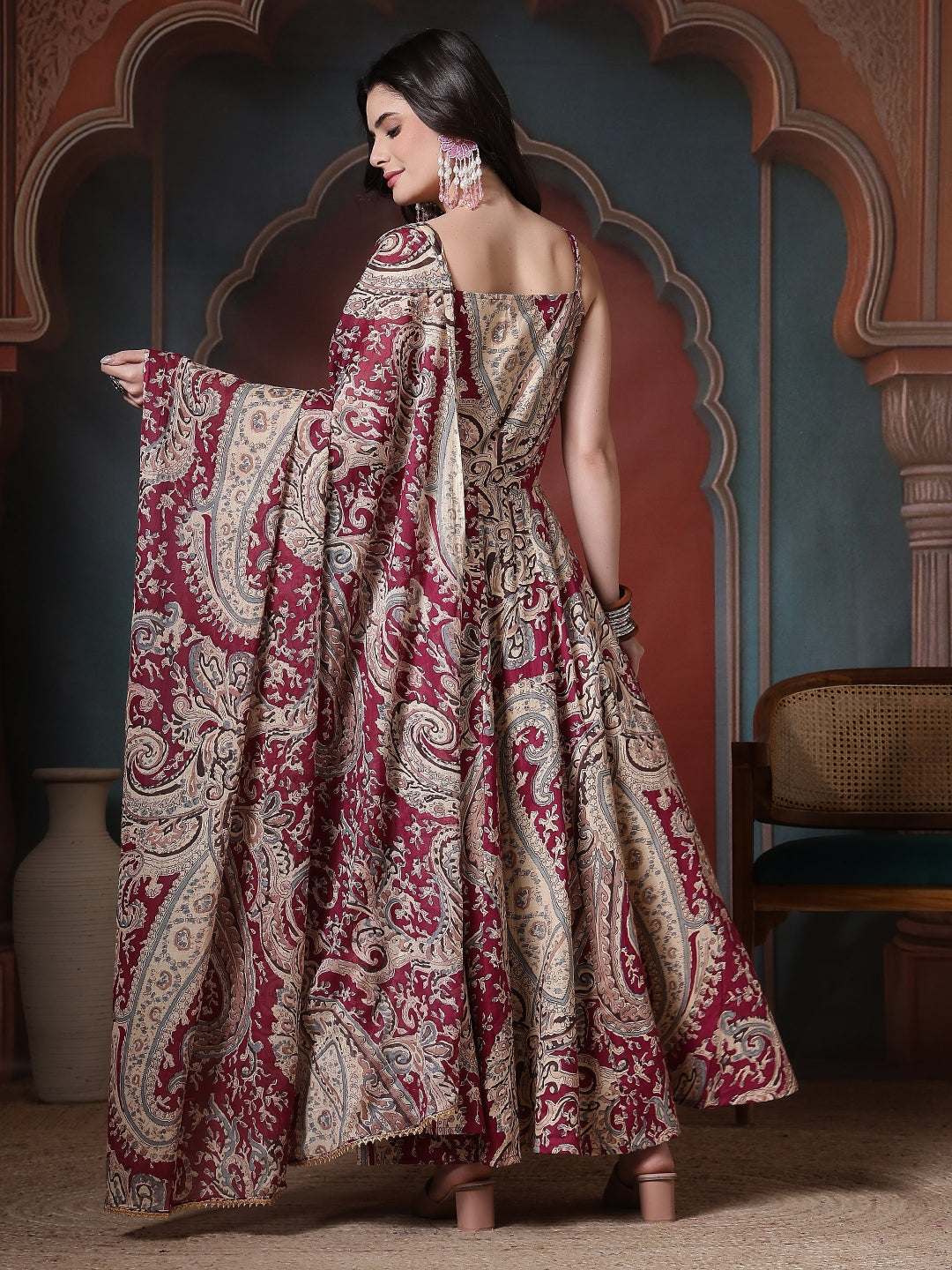 Cotton Printed Calf Length Round Neck Anarkali Kurta, Palazzo With Dupatta Set