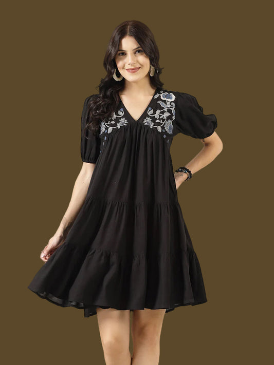 Black Solid & Embroidered Rayon Flared Dress