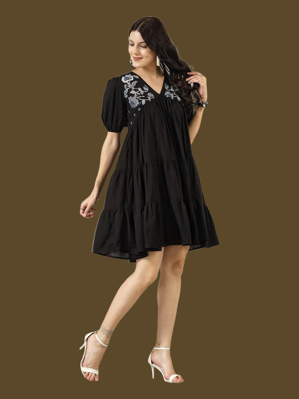 Black Solid & Embroidered Rayon Flared Dress