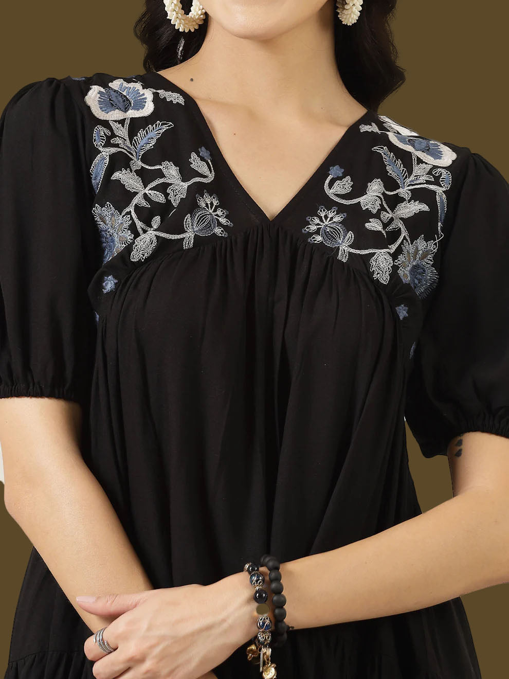 Black Solid & Embroidered Rayon Flared Dress