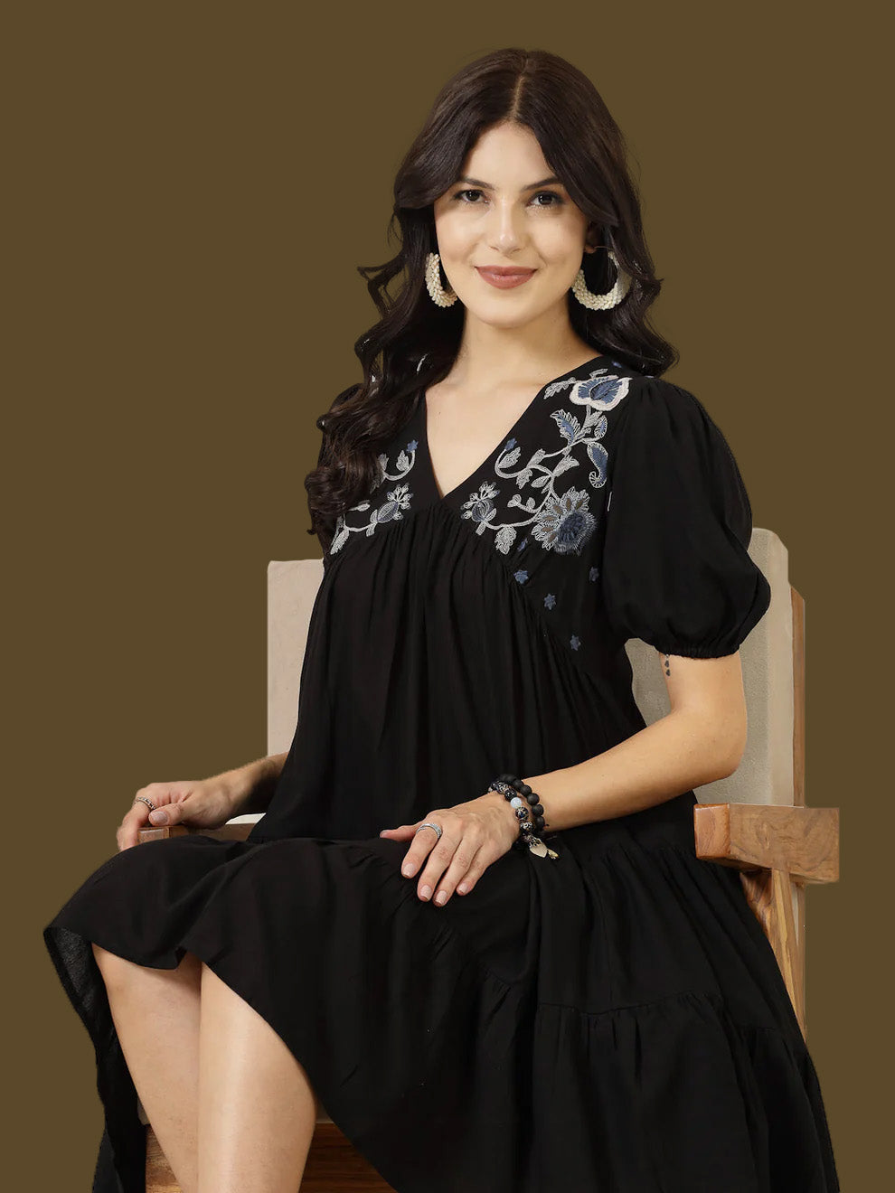Black Solid & Embroidered Rayon Flared Dress