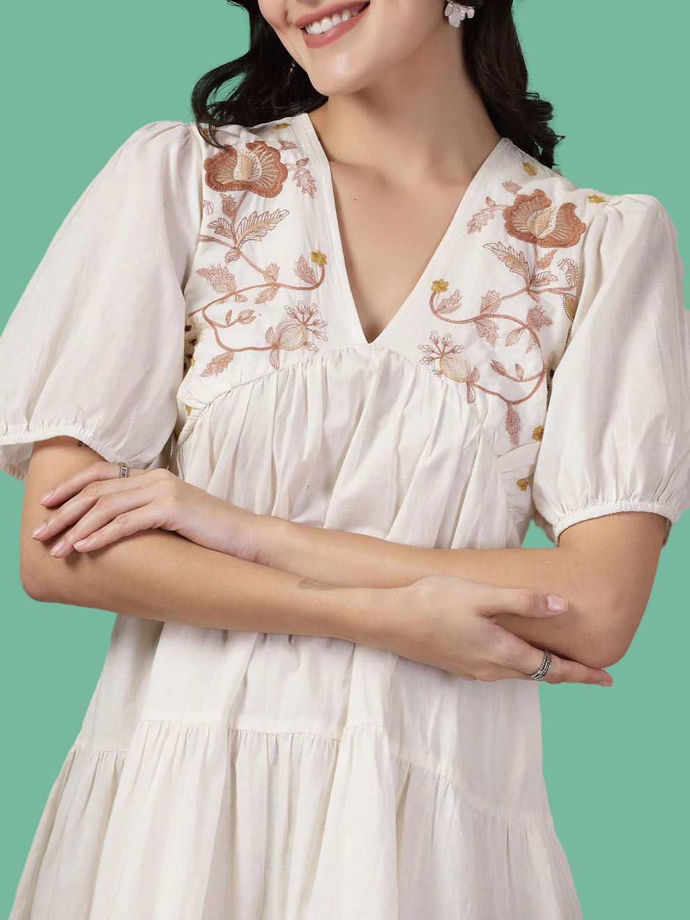 Cream Solid & Embroidered Cotton Flared Dress