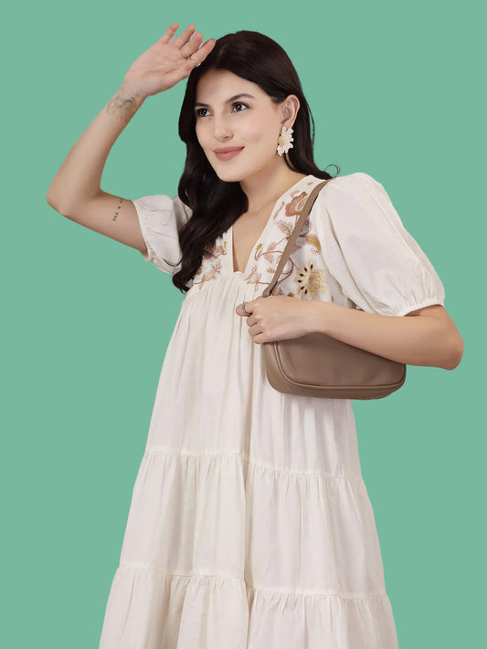 Cream Solid & Embroidered Cotton Flared Dress