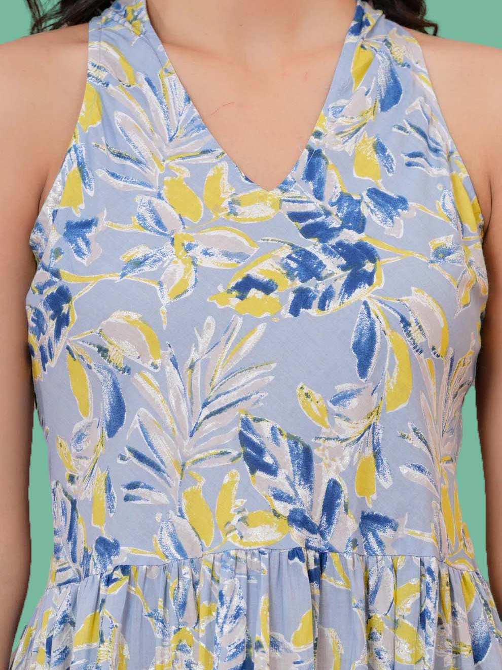 Printed Blue Halter Neck Dress