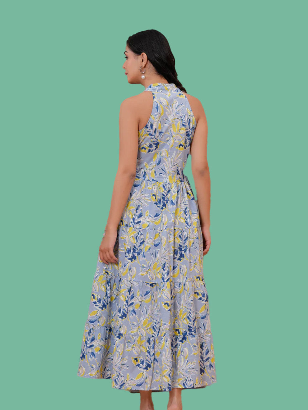 Printed Blue Halter Neck Dress