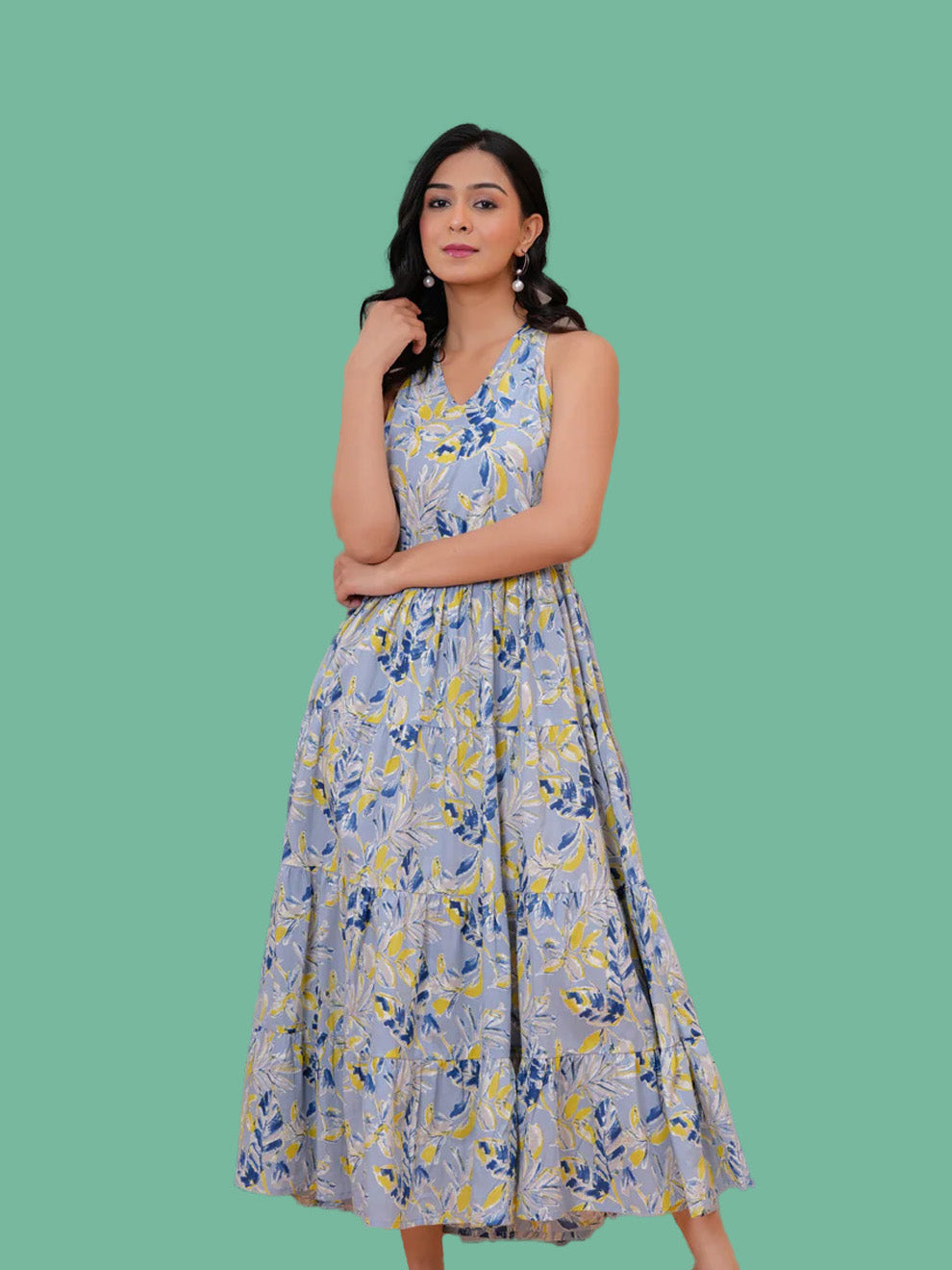 Printed Blue Halter Neck Dress – ZYRA-VIBE