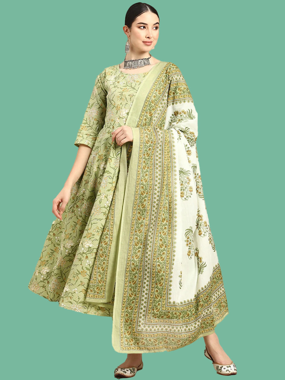 Green Floral Printed Anarkali Kurta With Trouser And Dupatta