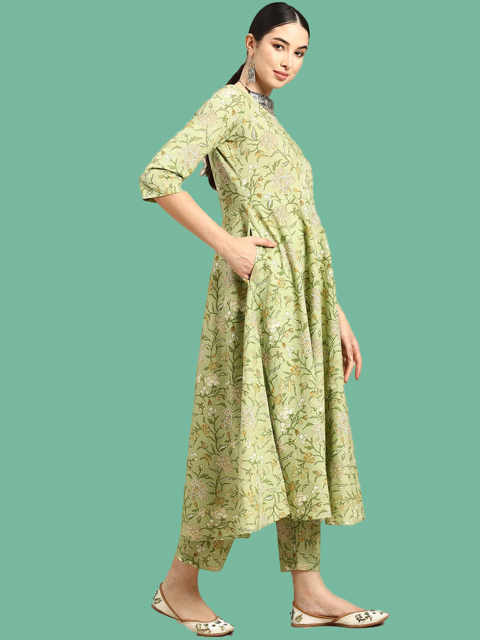 Green Floral Printed Anarkali Kurta With Trouser And Dupatta