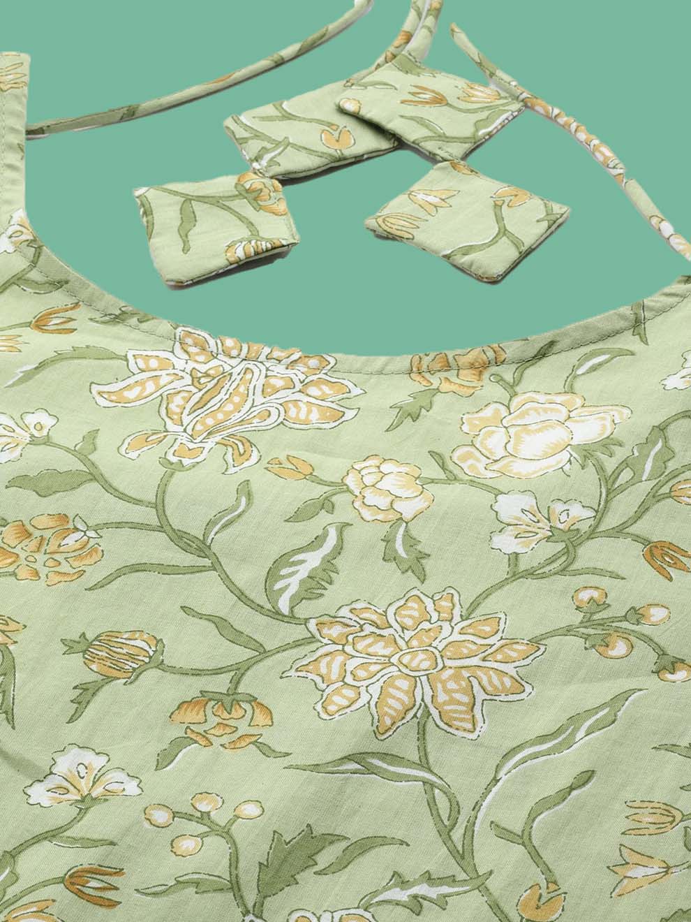 Green Floral Printed Anarkali Kurta With Trouser And Dupatta