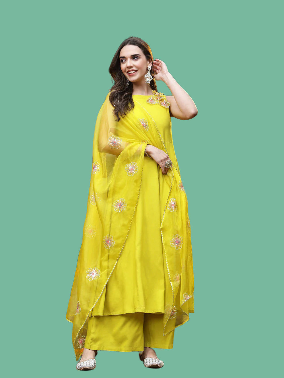 Corn Solid & Embellished Rayon Flared Kurta Palazzo Dupatta Set