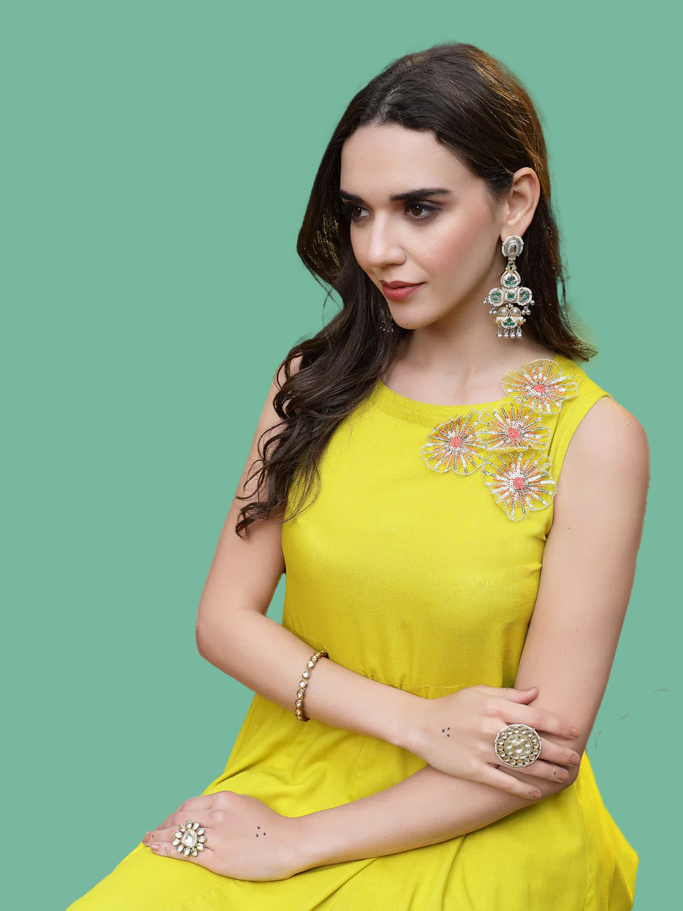 Corn Solid & Embellished Rayon Flared Kurta Palazzo Dupatta Set