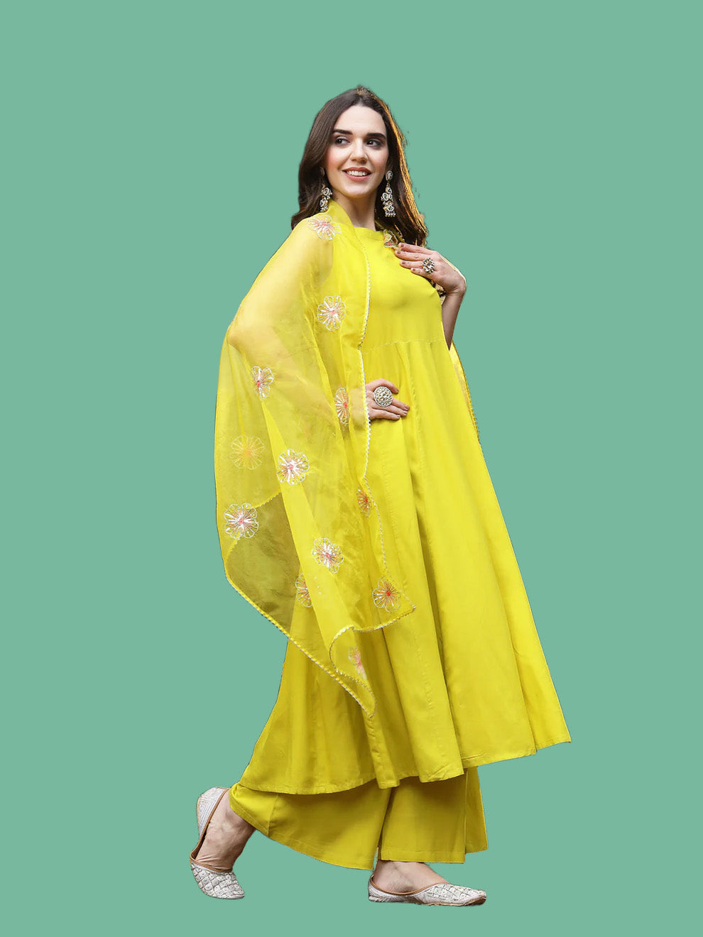 Corn Solid & Embellished Rayon Flared Kurta Palazzo Dupatta Set