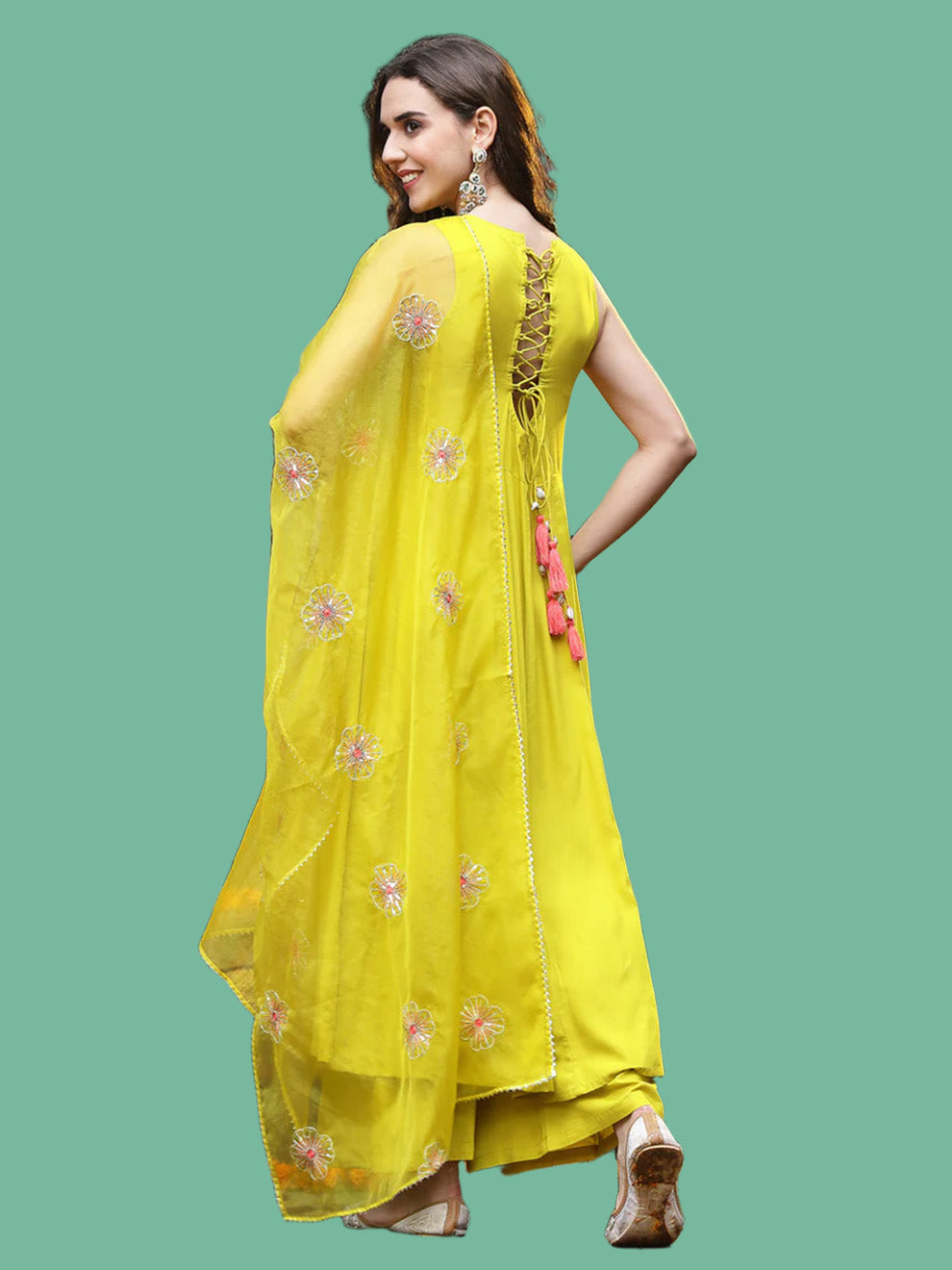 Corn Solid & Embellished Rayon Flared Kurta Palazzo Dupatta Set