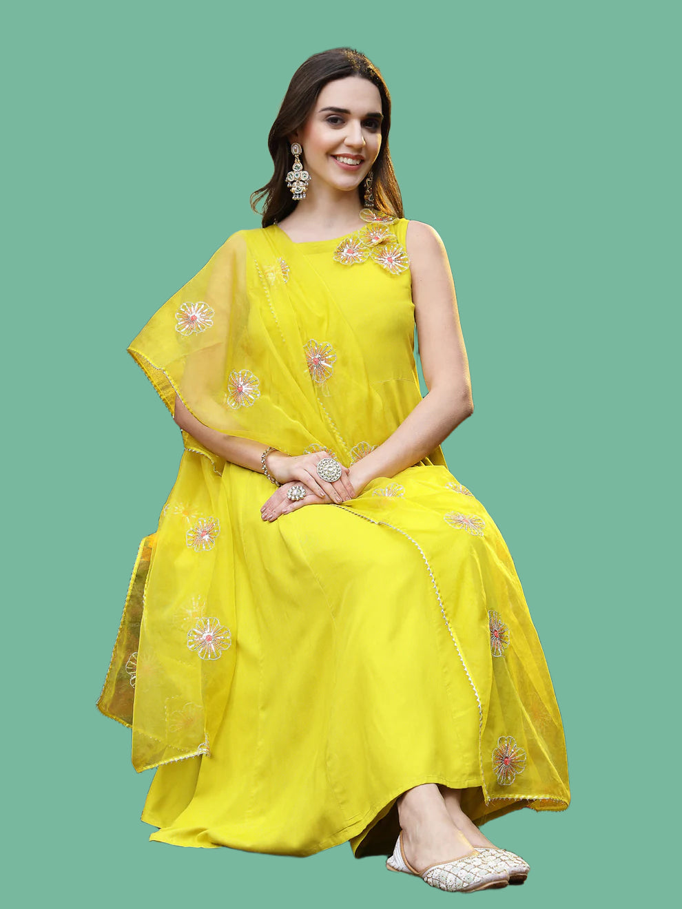 Corn Solid & Embellished Rayon Flared Kurta Palazzo Dupatta Set