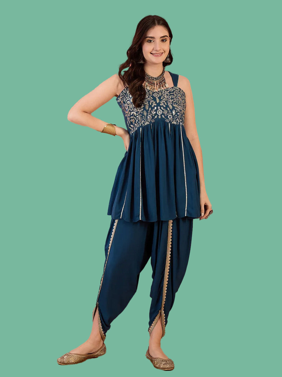 Blue Solid & Embroidered Rayon A-Line Kurti With Dhoti Pant