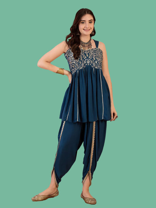 Blue Solid & Embroidered Rayon A-Line Kurti With Dhoti Pant