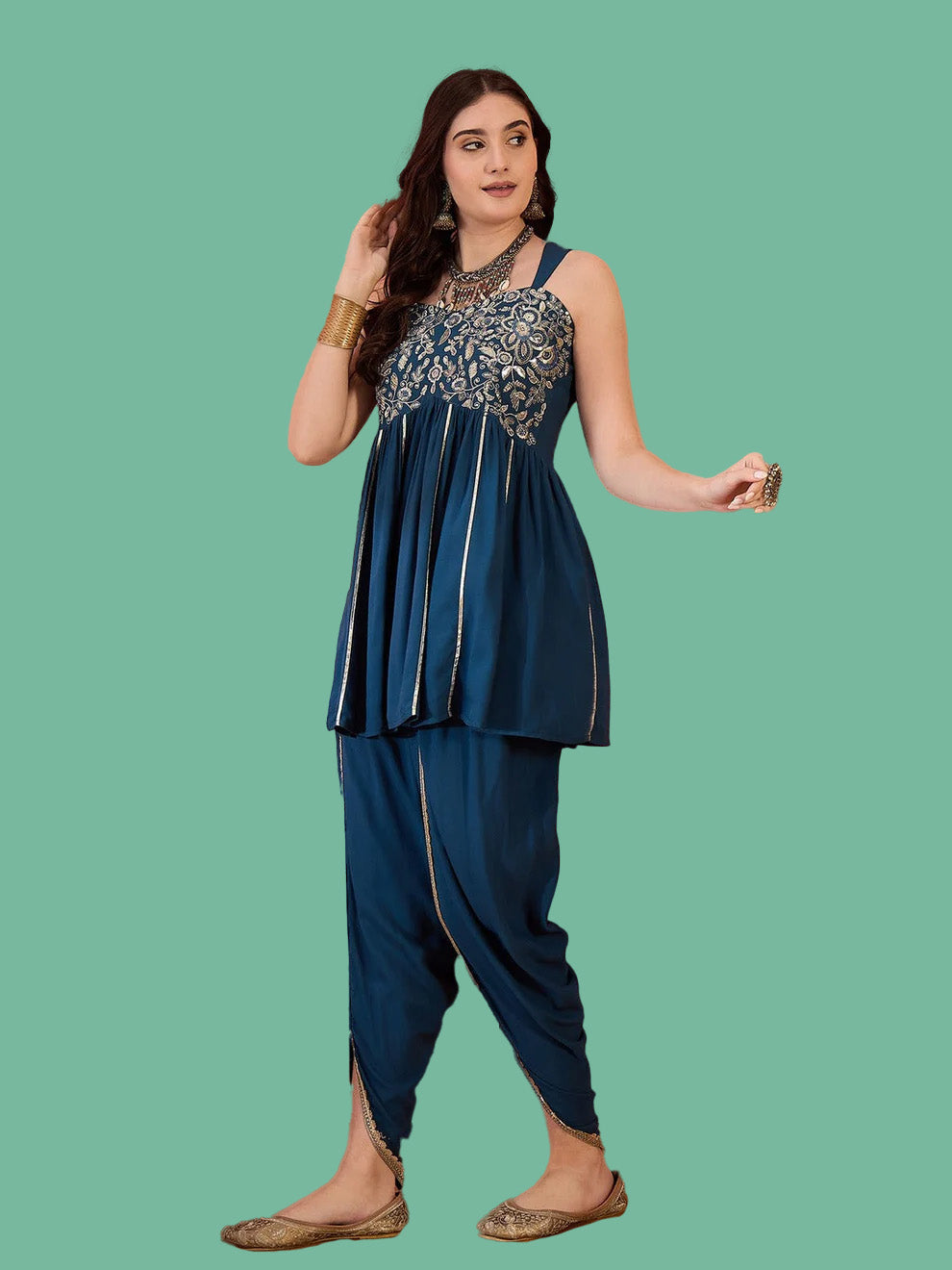 Blue Solid & Embroidered Rayon A-Line Kurti With Dhoti Pant