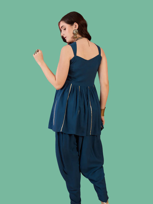 Blue Solid & Embroidered Rayon A-Line Kurti With Dhoti Pant