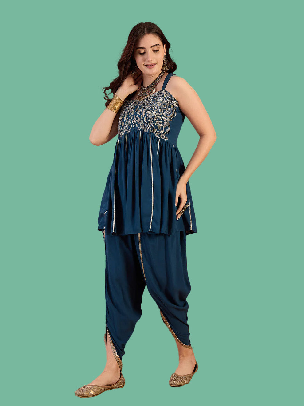 Blue Solid & Embroidered Rayon A-Line Kurti With Dhoti Pant