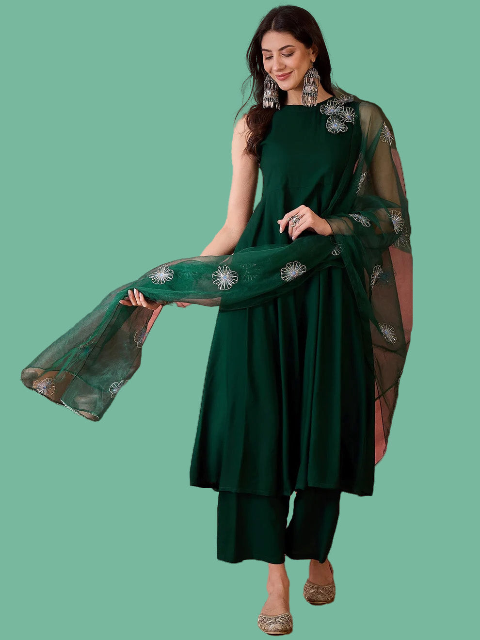 Green Solid & Embellished Rayon Flared Kurta Palazzo Dupatta Set