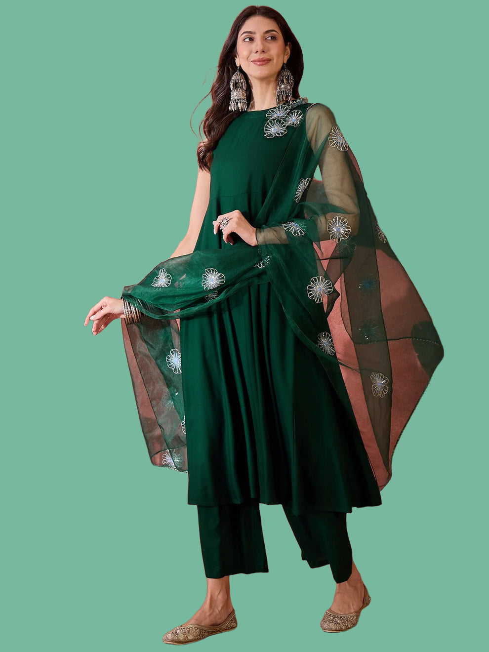 Green Solid & Embellished Rayon Flared Kurta Palazzo Dupatta Set