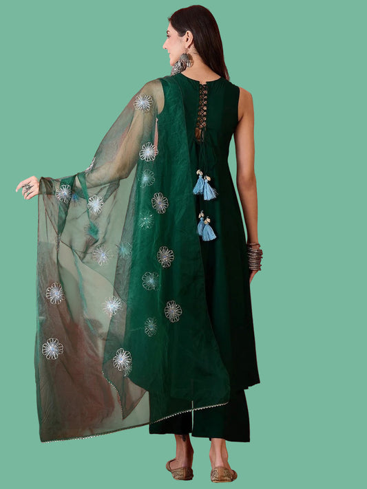 Green Solid & Embellished Rayon Flared Kurta Palazzo Dupatta Set