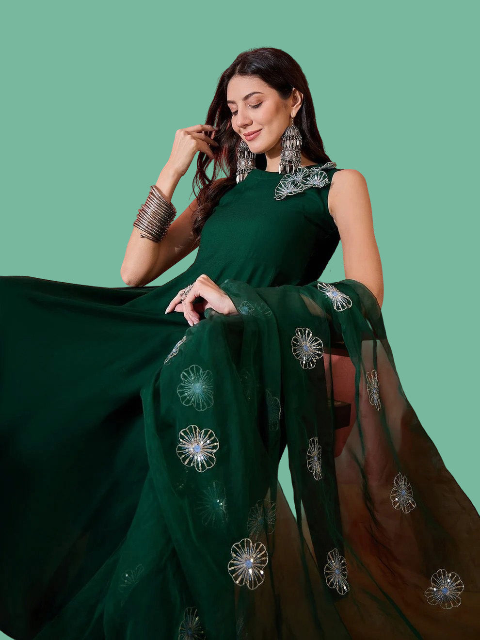 Green Solid & Embellished Rayon Flared Kurta Palazzo Dupatta Set