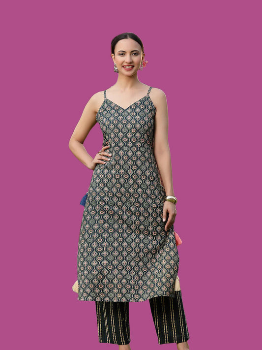 Green Printed Cotton Straight Kurta Pant Set